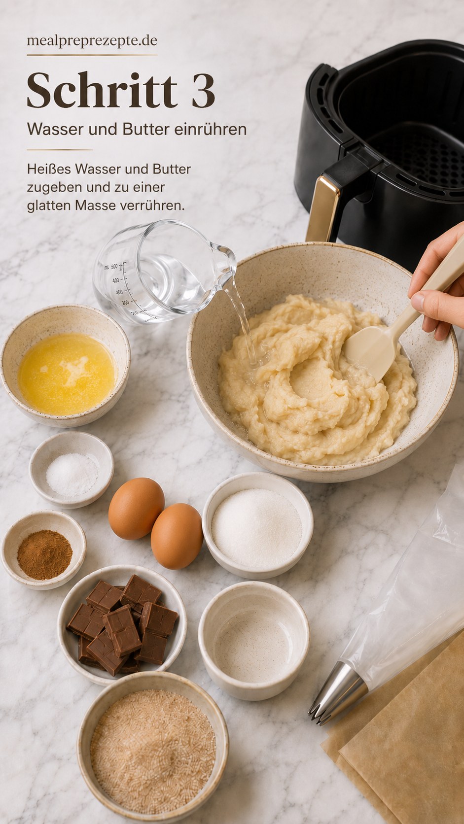 Heißes Wasser und Butter werden für den Airfryer-Churros-Teig zu einer glatten Masse verrührt