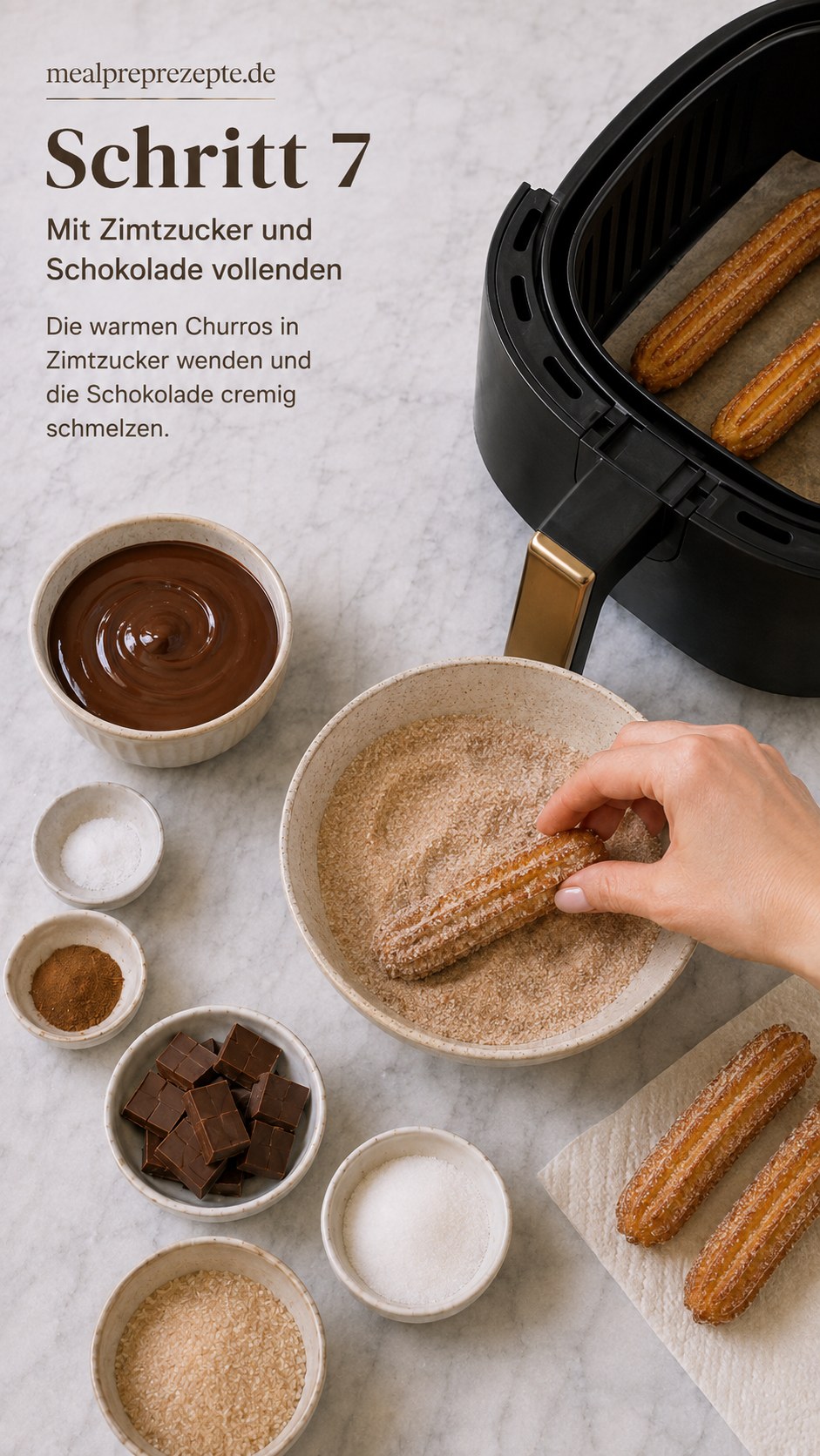 Warmer Churro wird in Zimtzucker gewendet neben einer Schale cremig geschmolzener Schokolade