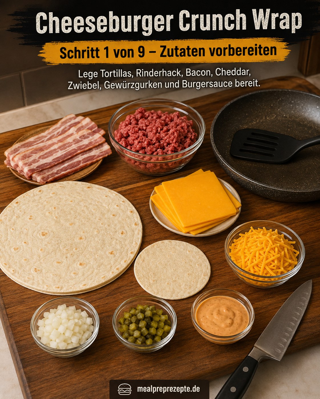 Zutaten für den Cheeseburger Crunch Wrap wie Rinderhack, Bacon und Cheddar liegen bereit auf dem Schneidebrett