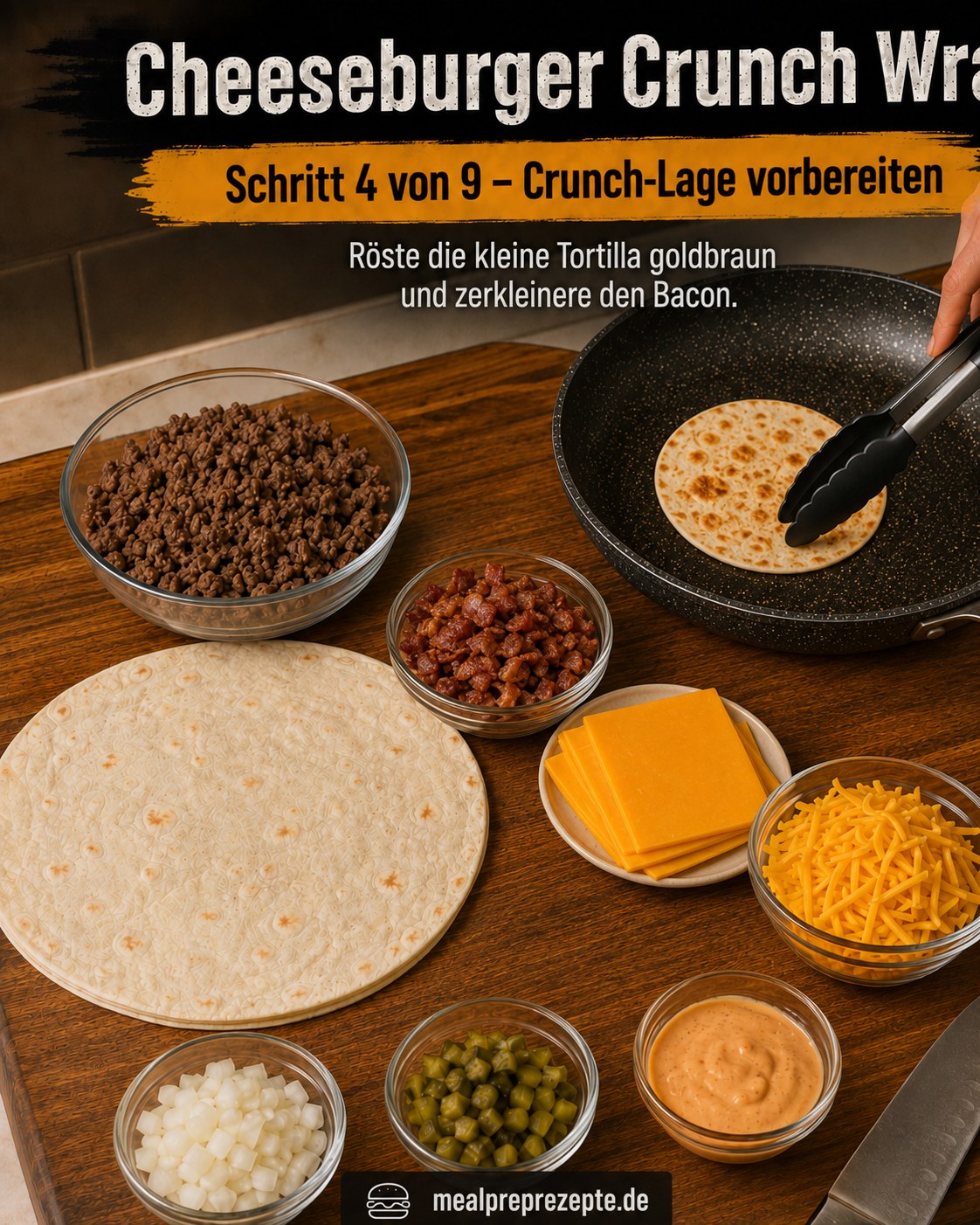 Kleine Tortilla wird goldbraun geröstet und Bacon zerkleinert für die Crunch-Lage des Wraps