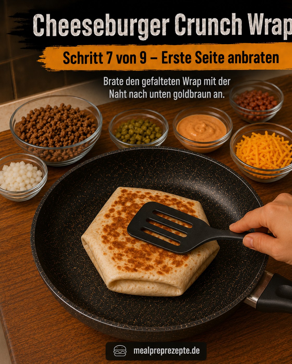Gefalteter Cheeseburger Crunch Wrap brät mit der Naht nach unten goldbraun in der Pfanne an
