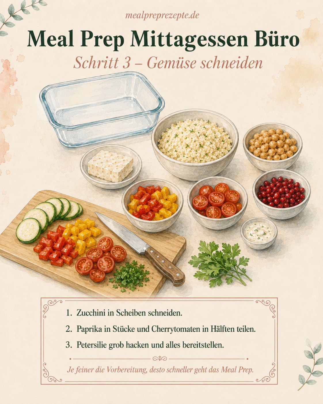 Zucchini, Paprika und Cherrytomaten für die Meal Prep Bowl fürs Büro werden auf dem Brett geschnitten
