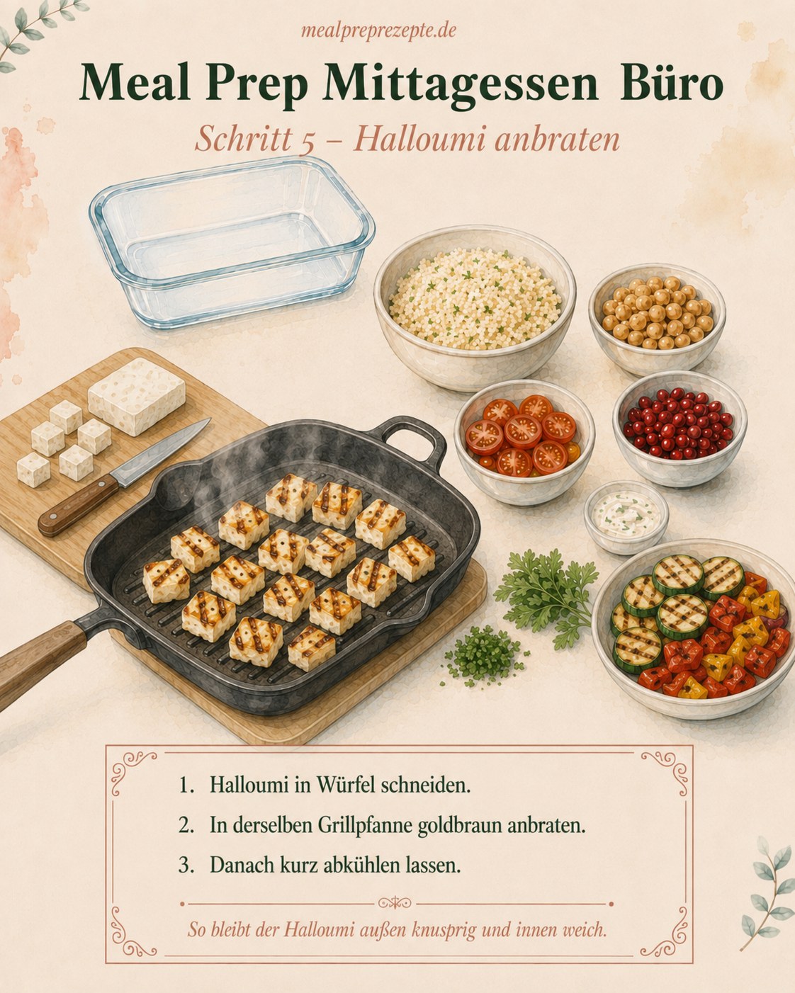 Halloumi-Würfel werden in der Grillpfanne goldbraun angebraten für die Büro-Bowl zum Mitnehmen