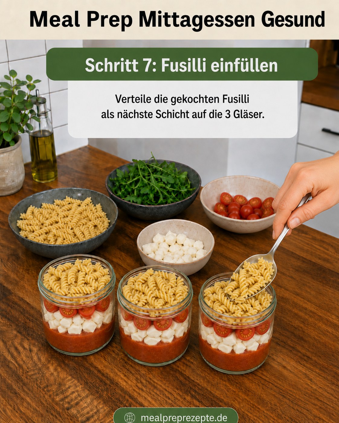 Gekochte Fusilli werden als nächste Schicht in die Meal-Prep-Gläser für das Mittagessen gefüllt