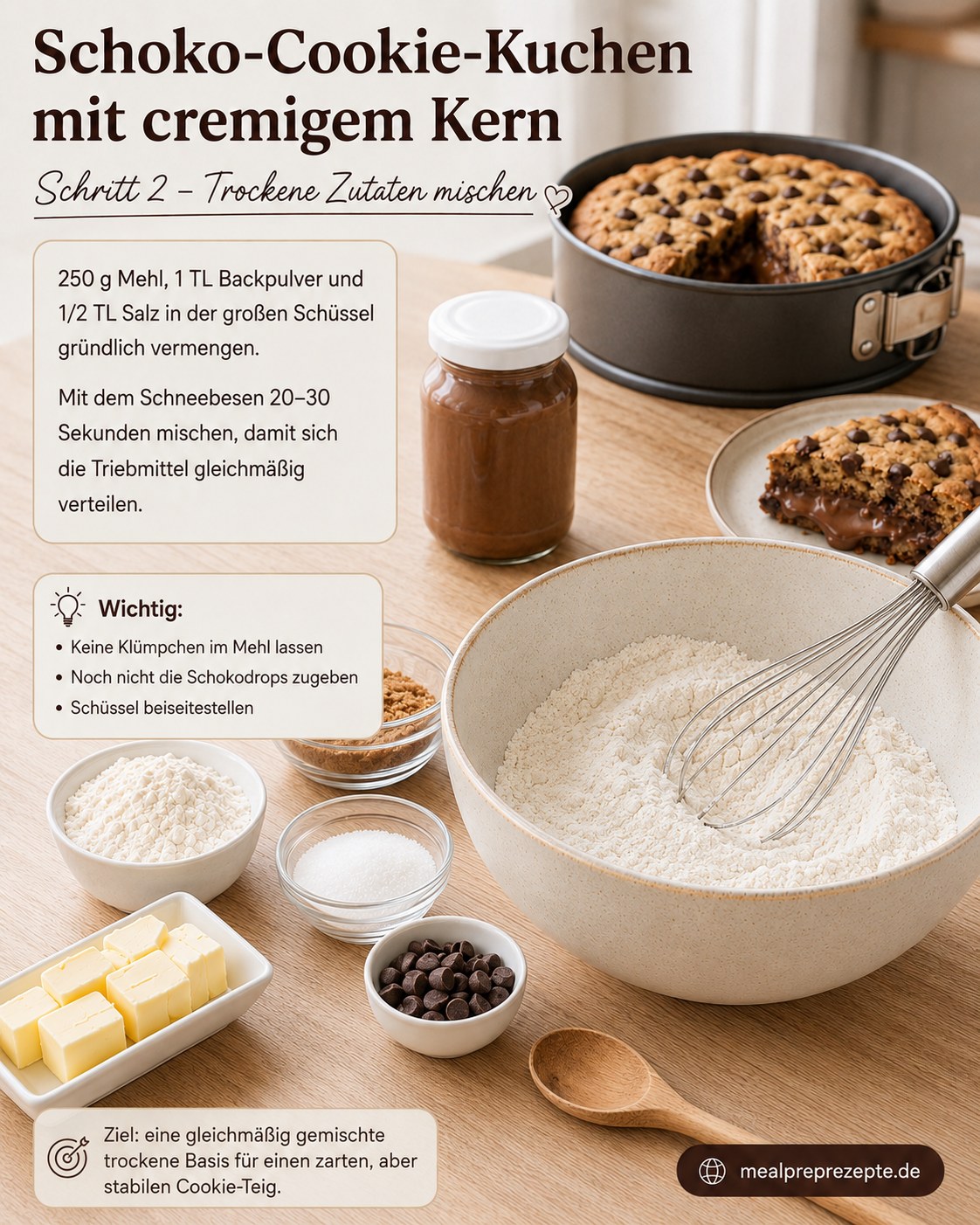 Trockene Zutaten für den Nutella Cookie Kuchen mit Schmelzkern werden in der Schüssel verquirlt