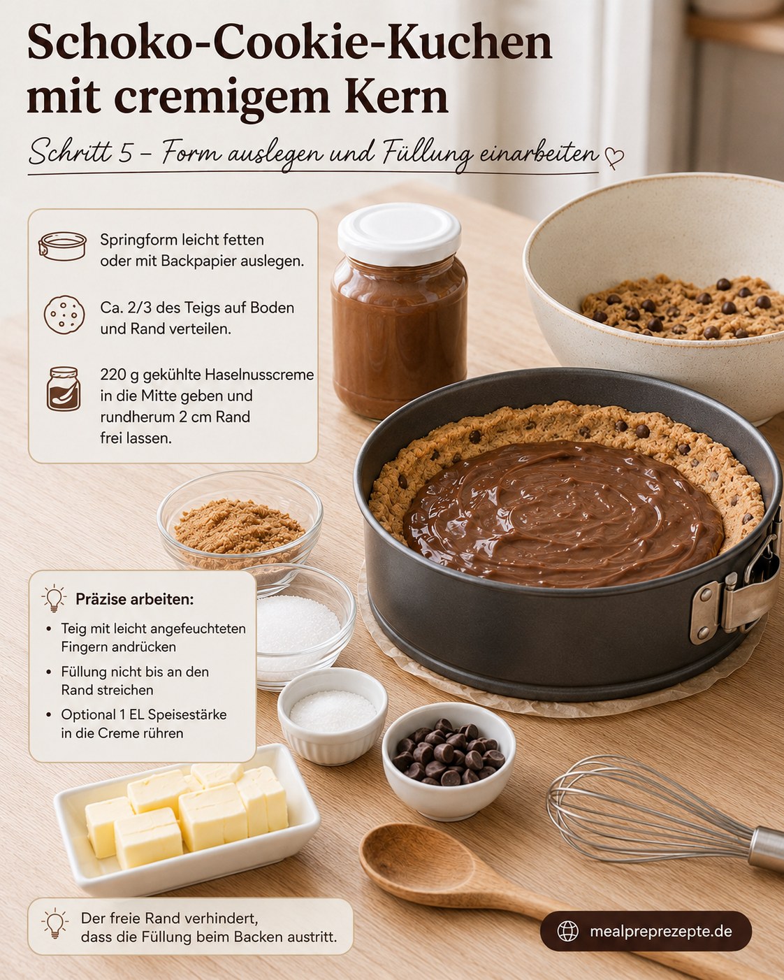 Springform mit Cookie-Teig ausgelegt und Haselnusscreme-Füllung für den Schmelzkern eingefüllt