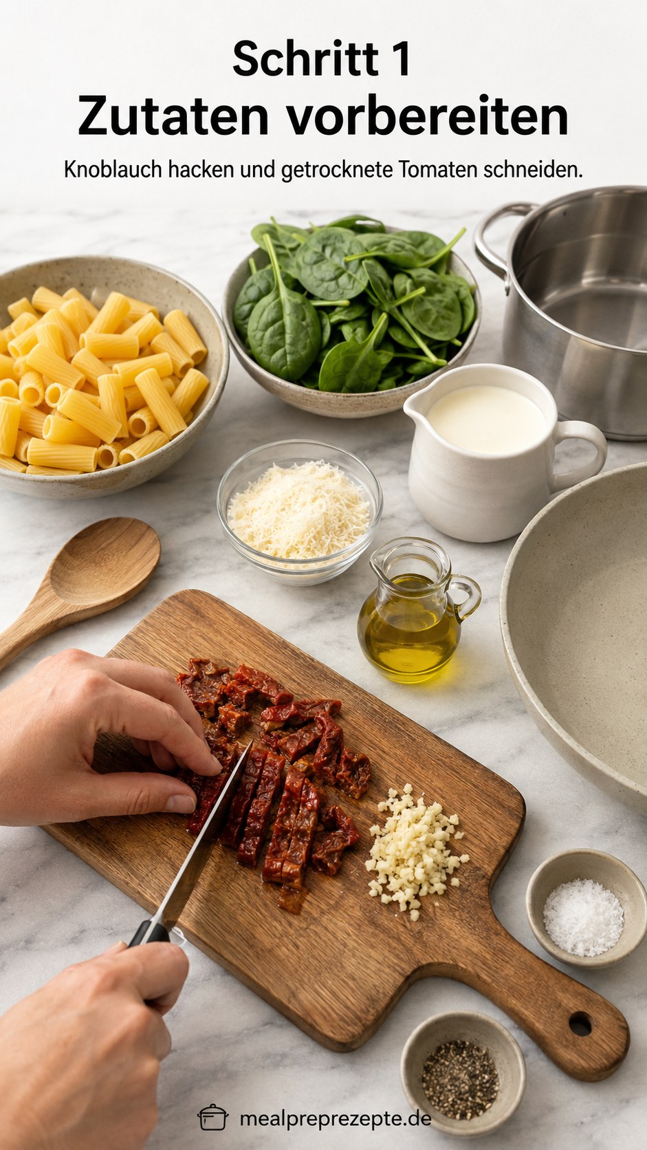 Zutaten für Rigatoni mit getrockneten Tomaten auf einem Holzbrett vorbereitet, Knoblauch und Tomaten geschnitten