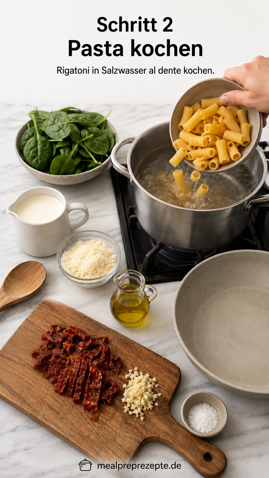 Rigatoni werden in einem großen Topf mit Salzwasser für Rigatoni mit getrockneten Tomaten al dente gekocht