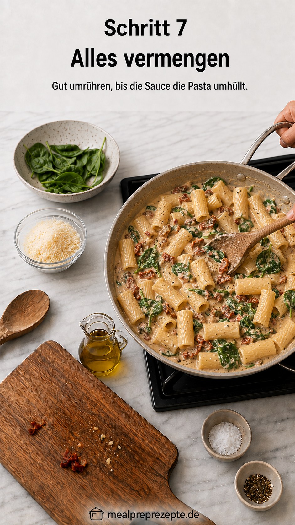 Rigatoni mit getrockneten Tomaten werden in der Pfanne mit der Sauce vollständig vermengt