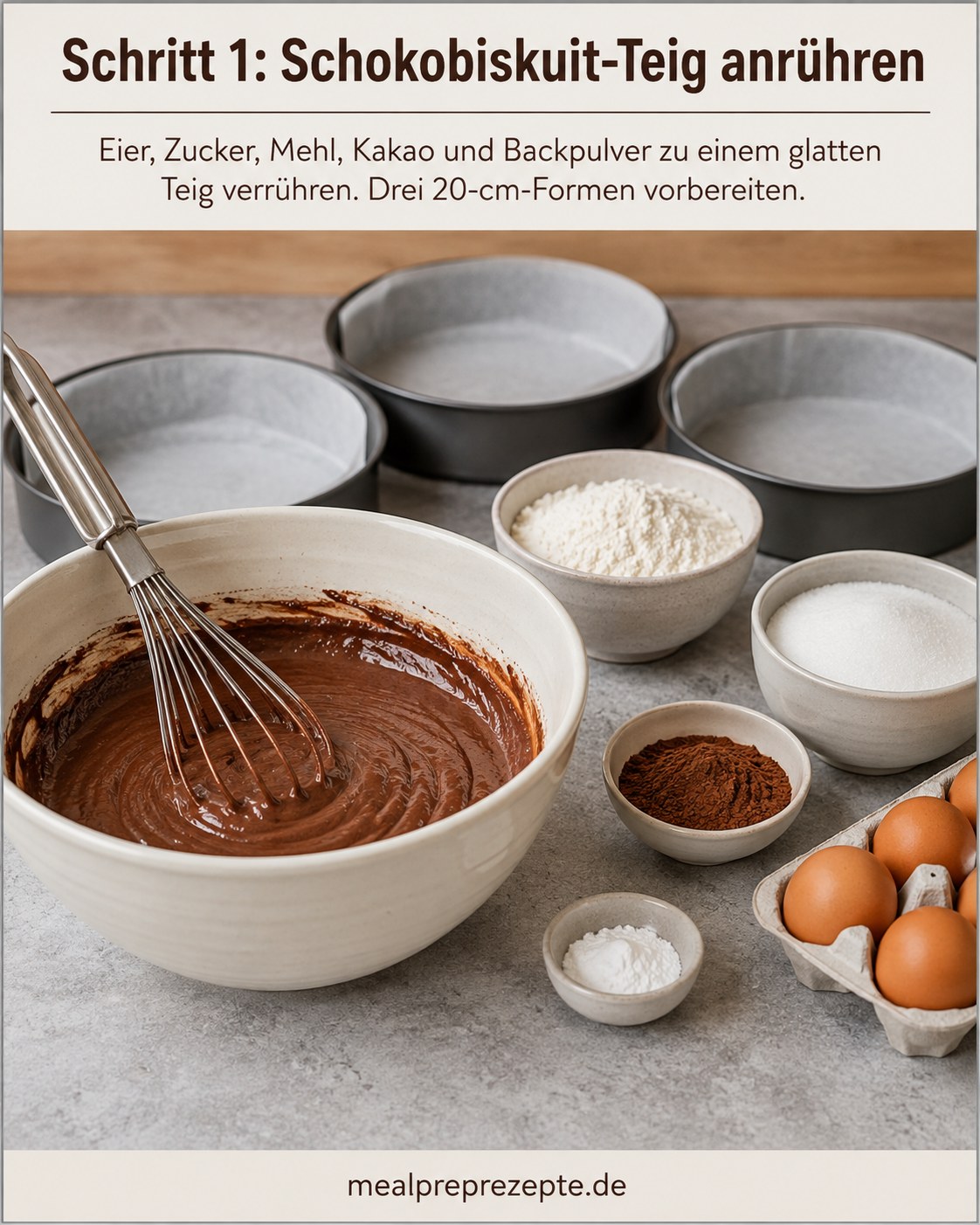 Schüssel mit glattem Teig für Schokobon Torte mit Nussmischung neben Zutaten wie Mehl, Kakao und Eiern