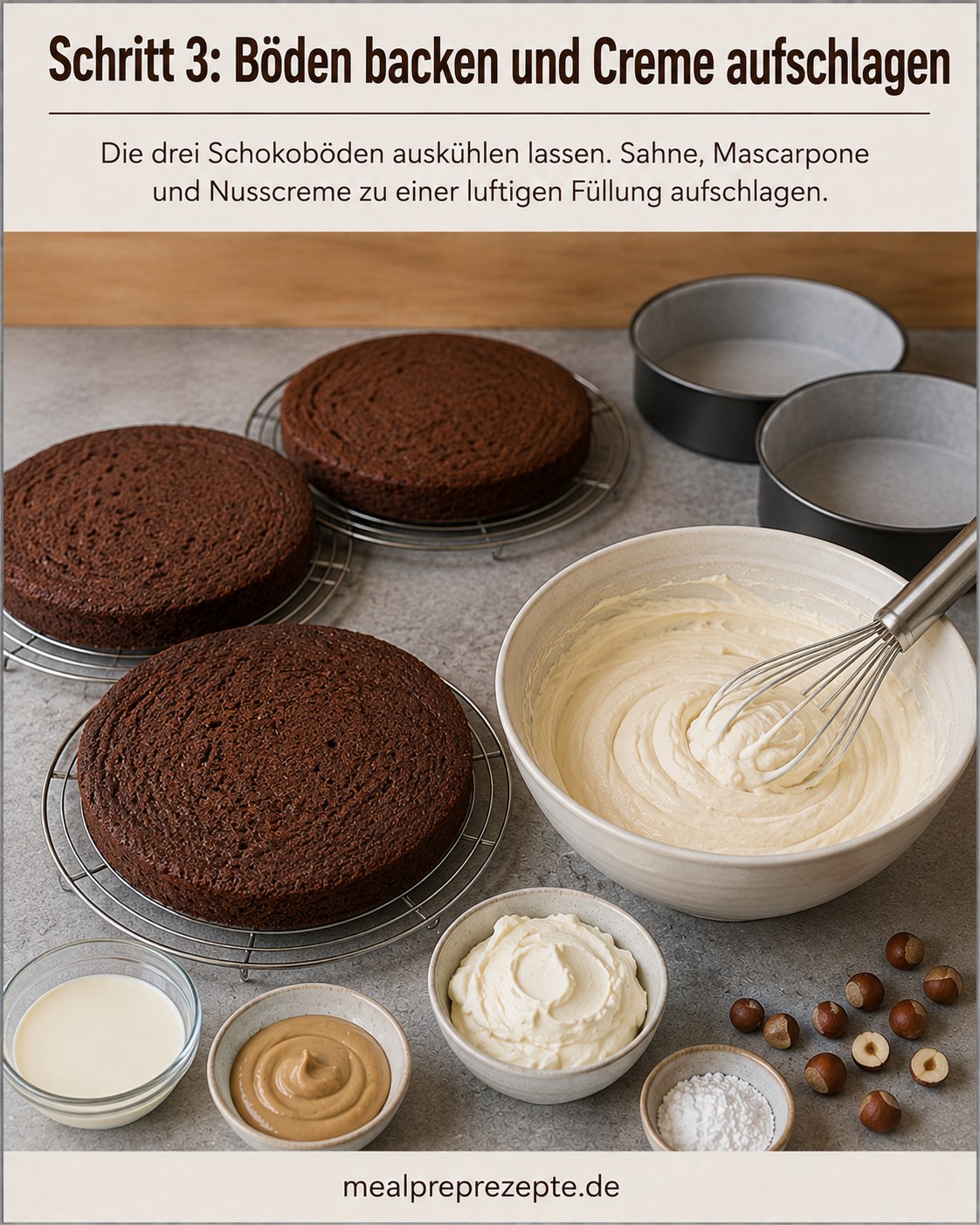 Ausgekühlte Schokoböden neben aufgeschlagener Nusscreme aus Sahne, Mascarpone und Haselnusscreme