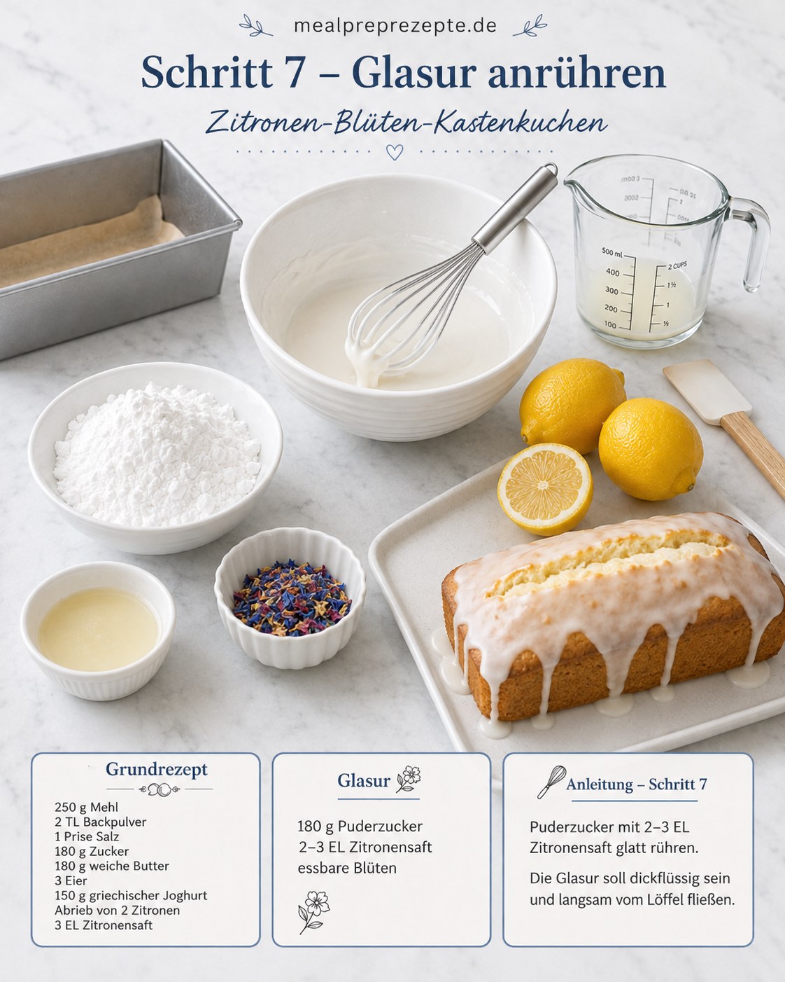 Glänzende Zitronenglasur wird in einer Schüssel für den Zitronen-Mascarpone Kuchen angerührt