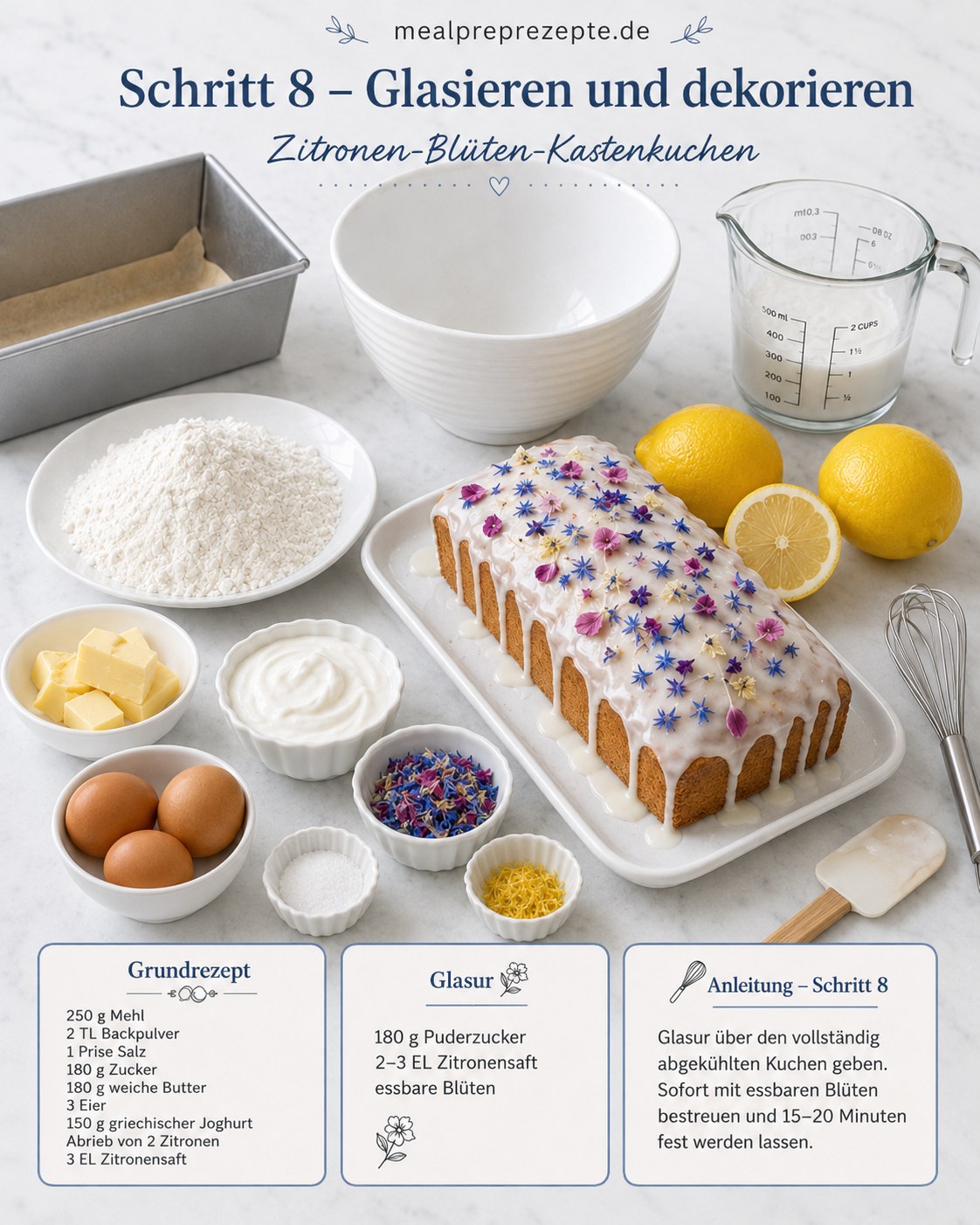 Zitronen-Mascarpone Kuchen wird mit Glasur überzogen und mit essbaren Blüten dekoriert